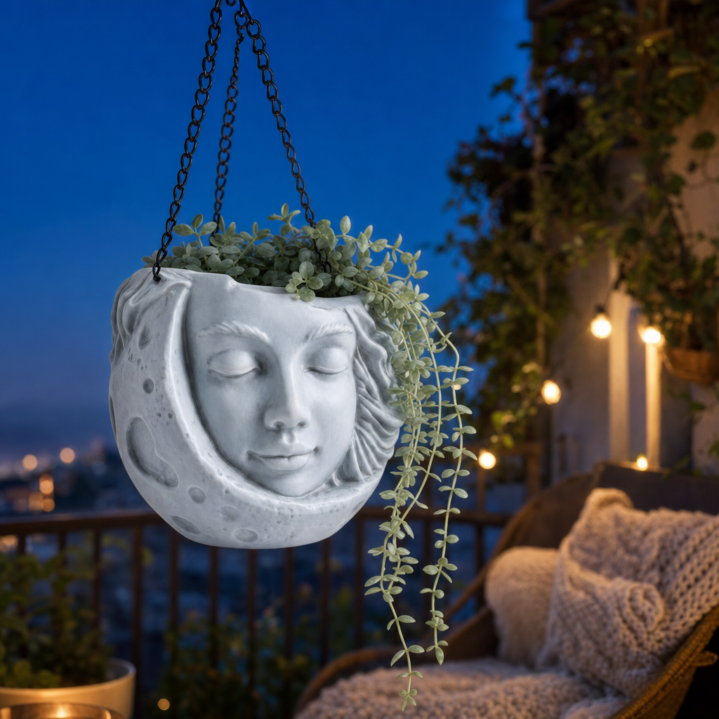 Moon planter on twilight balcony