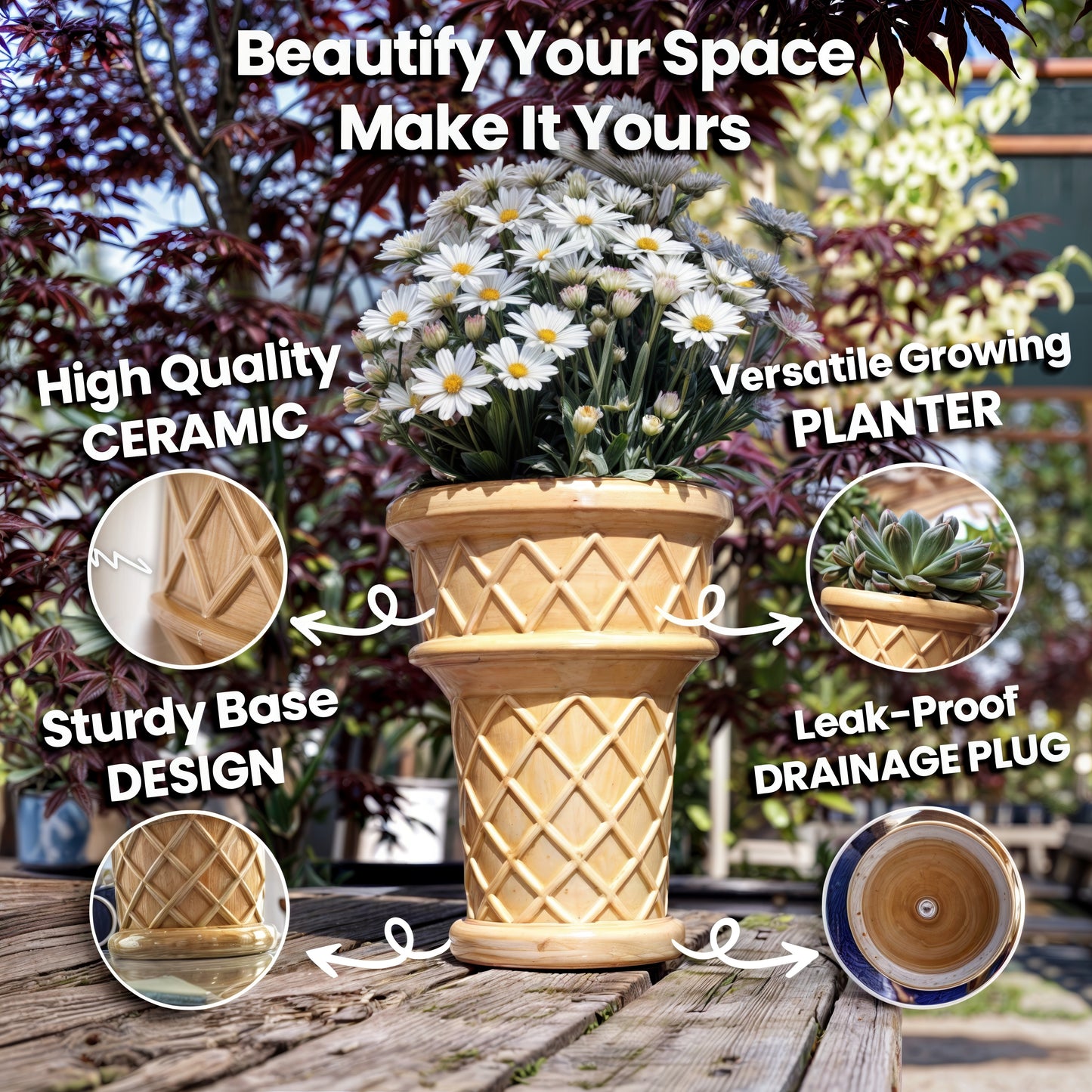 Nebula Colors Ceramic Ice Cream Cone Planter - 7 Inch Plant Pot with Drainage Hole for Indoor & Outdoor Use
