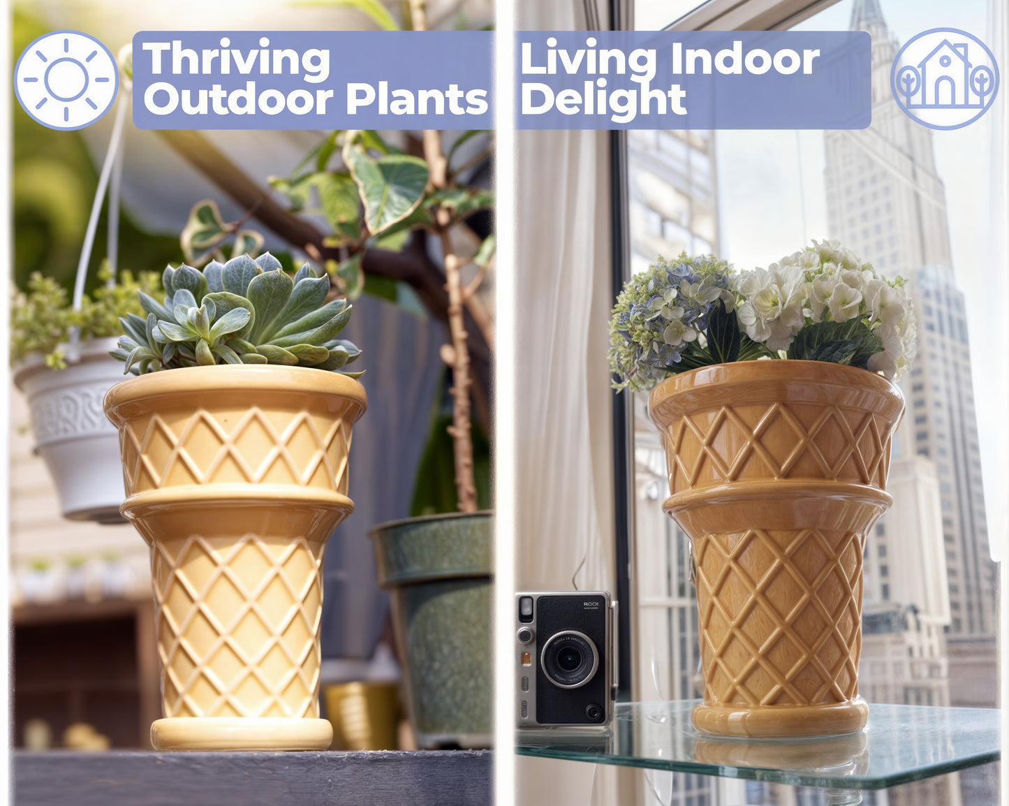 Nebula Colors Ceramic Ice Cream Cone Planter - 7 Inch Plant Pot with Drainage Hole for Indoor & Outdoor Use