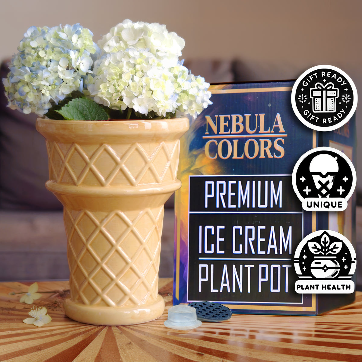 Ice cream cone planter holding white hydrangeas, next to its Nebula Colors box