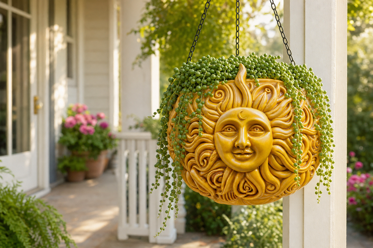 Sun Face hanging planter with string of pearls on a bright porch