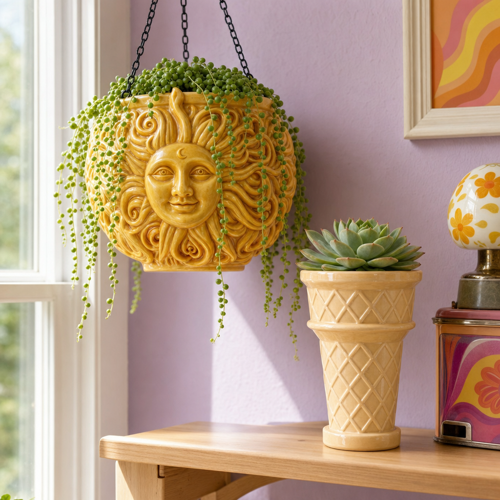 Sun face and ice cream cone planters in a sunroom