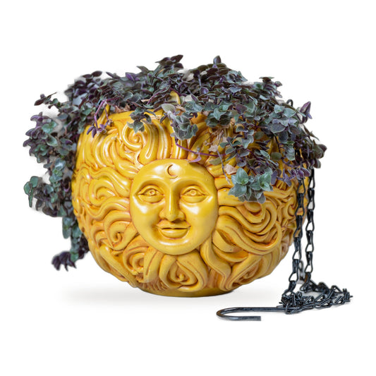 Sun Face hanging planter with a trailing plant, chain and hook on white